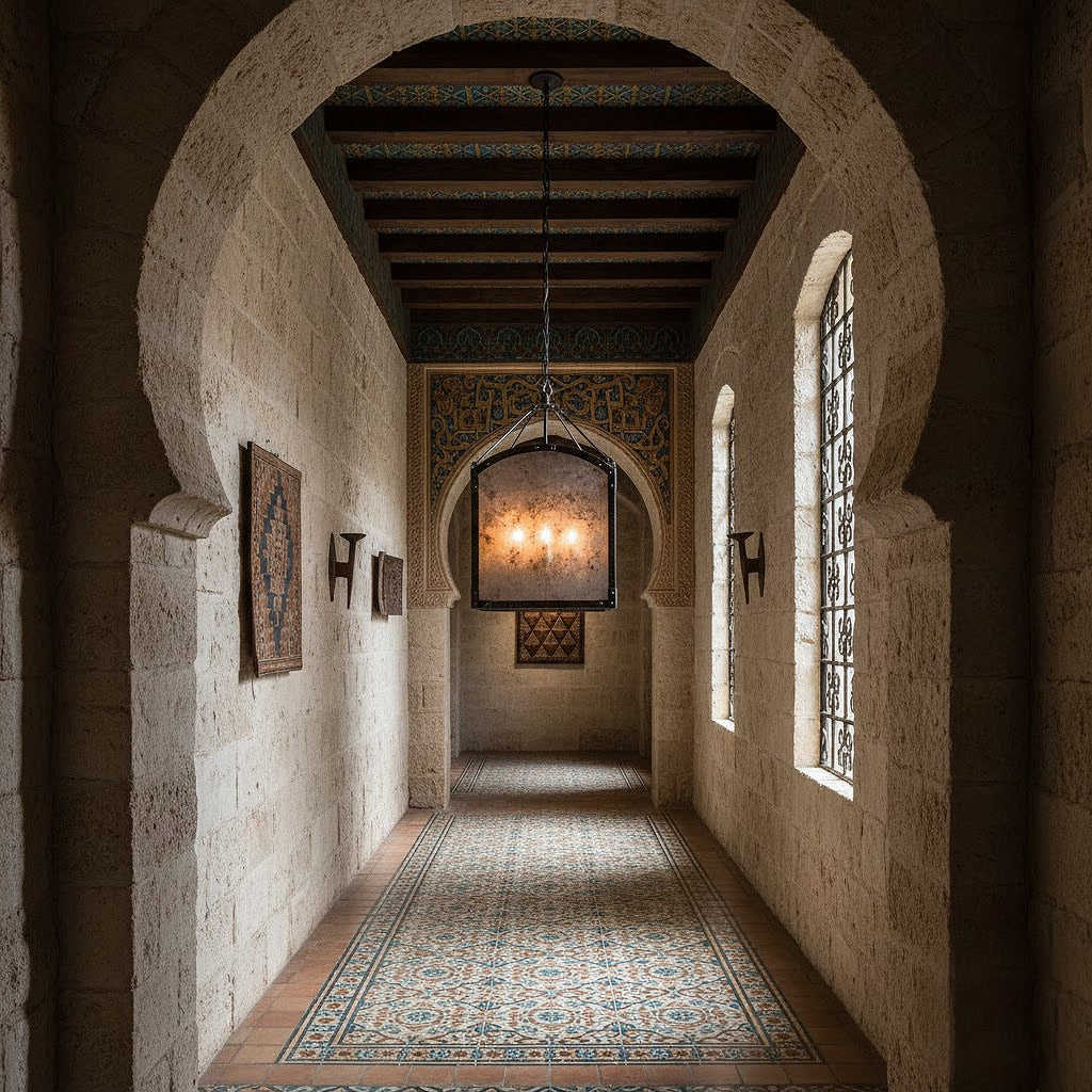 Romola Chandelier by Terracotta Designs with hammered iron and smoked antiqued mirror glass set in an antique Spanish Moorish inspired stone gallery hallway.