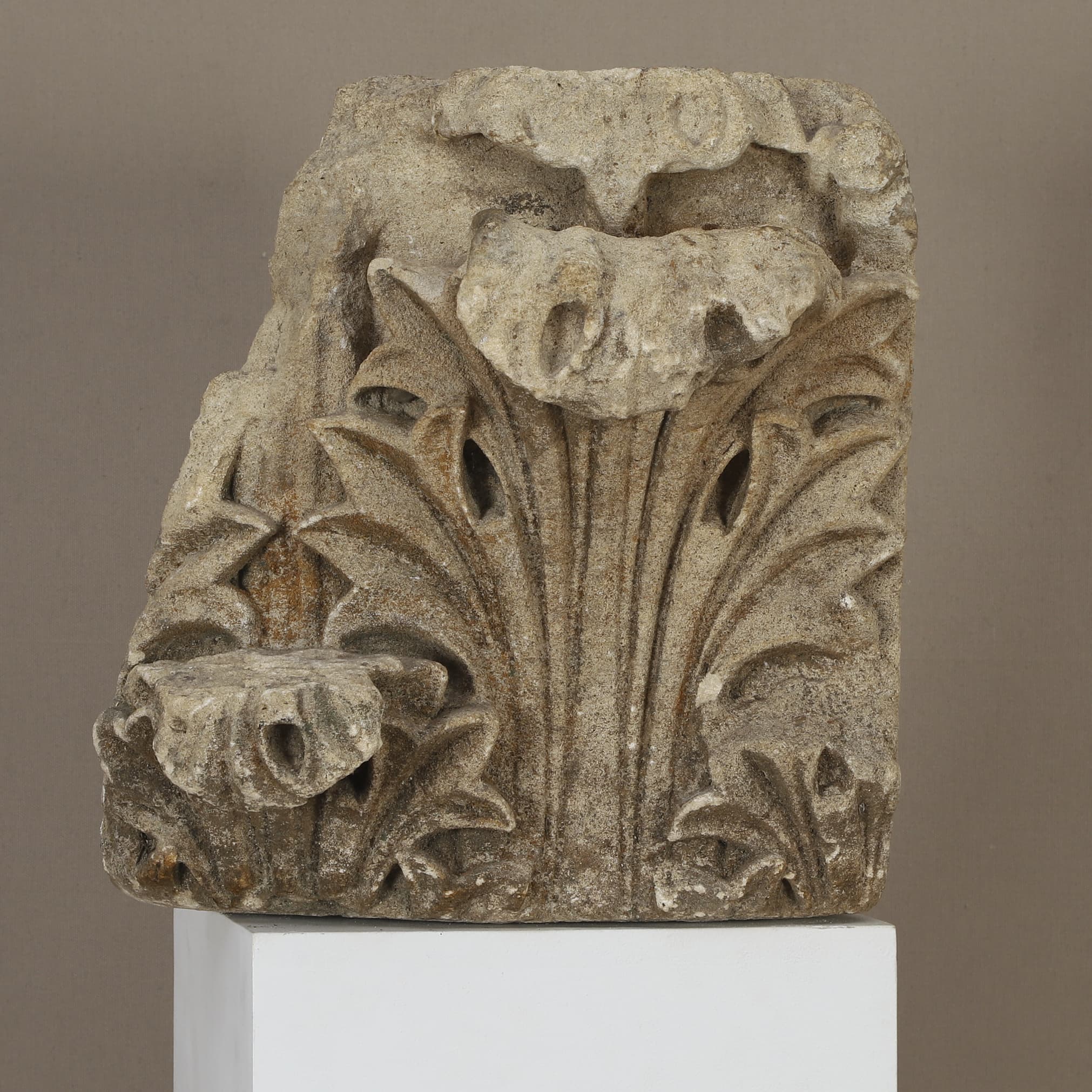 Antique 13th century French Gothic carved limestone capital fragment from Rouen curated by Le Historique