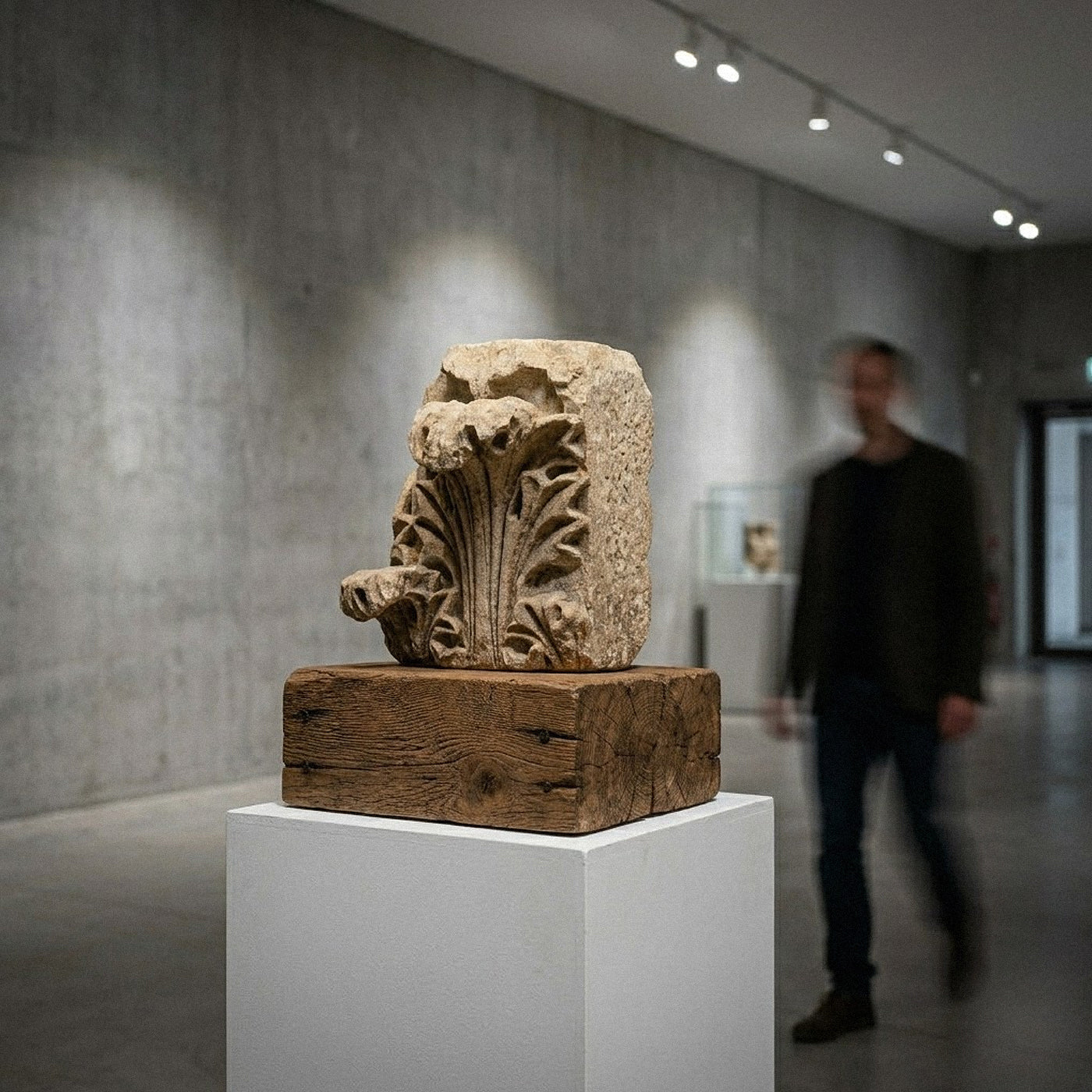Stone architectural fragment on a wooden base in an art gallery with a blurred person in the background.