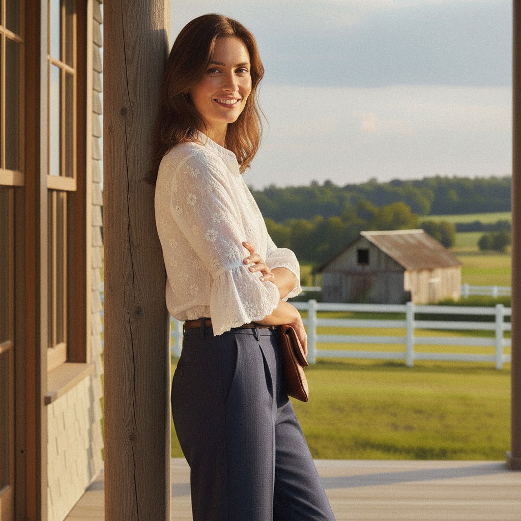Elegant female model posing in a garden estate wearing a white heritage-inspired floral lace top with mid-length sleeves, styled for a classic, educated look.