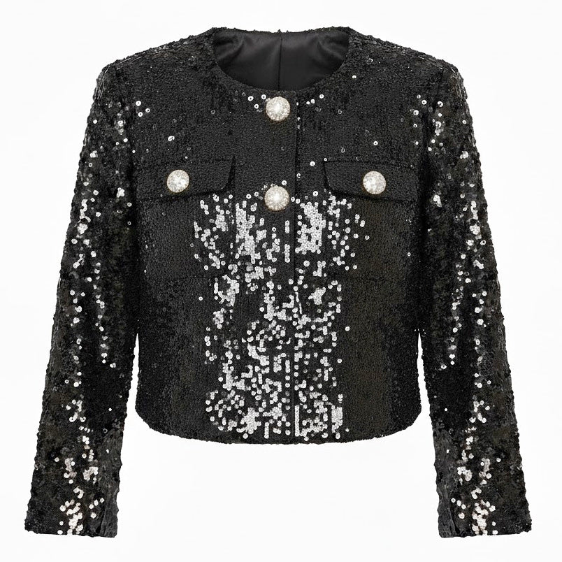 Black sequin jacket with silver buttons on a white background