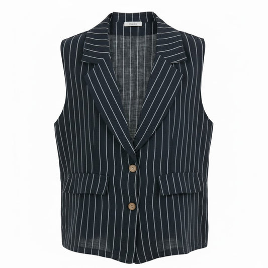 Pure linen sleeveless navy striped button-down jacket vest on sale