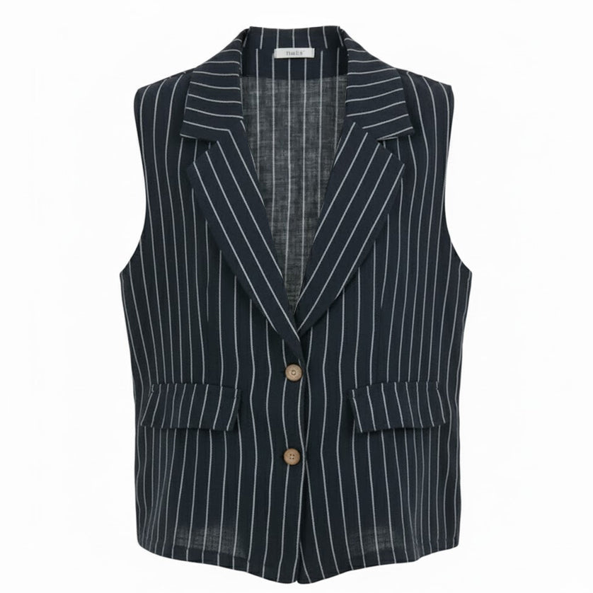 Pure linen sleeveless navy striped button-down jacket vest on sale