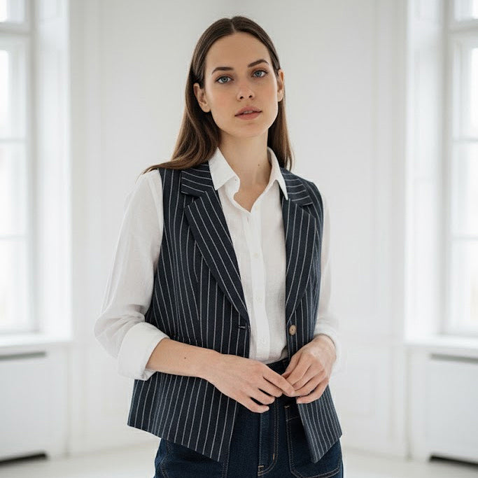 Woman wearing a pinstripe vest over a white shirt in a bright room.