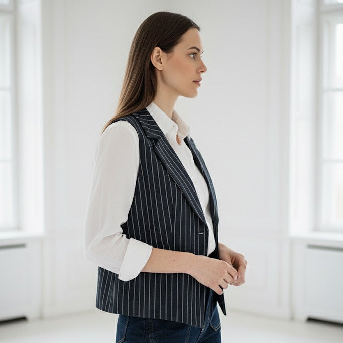 Pure linen sleeveless navy striped button-down jacket vest on sale