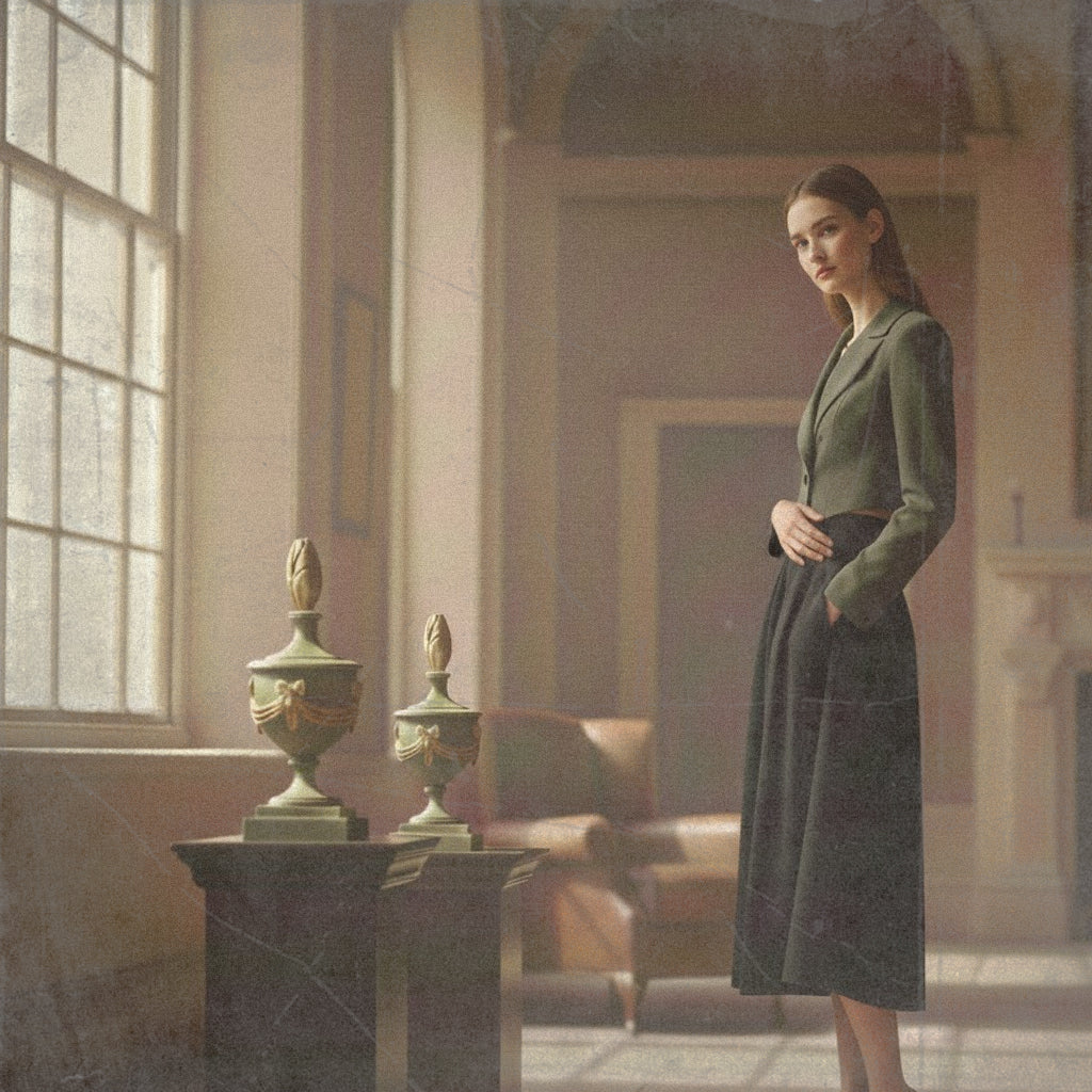 Le Historique model with fine clothing and antiques in an Old World interior.