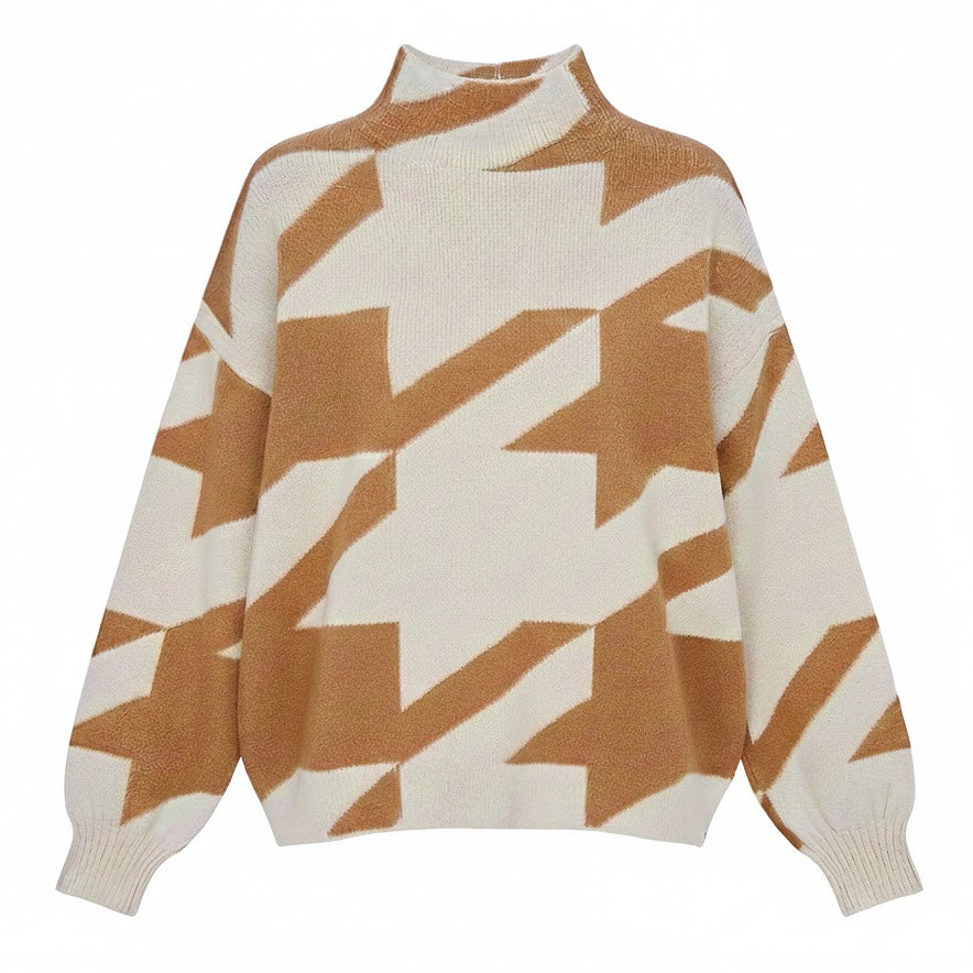 TAUPE HOUNDSTOOTH MOCK NECK LOOSE FIT KNIT SWEATER BY BLUIVY