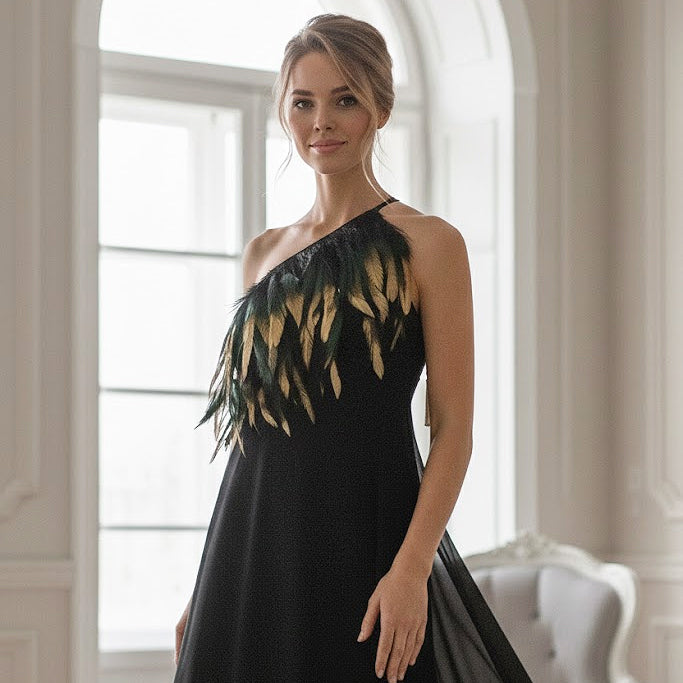 ELEGANT BLACK LONG DRESS WITH PAINTED FEATHER NECKLINE BY T.BA MADRID