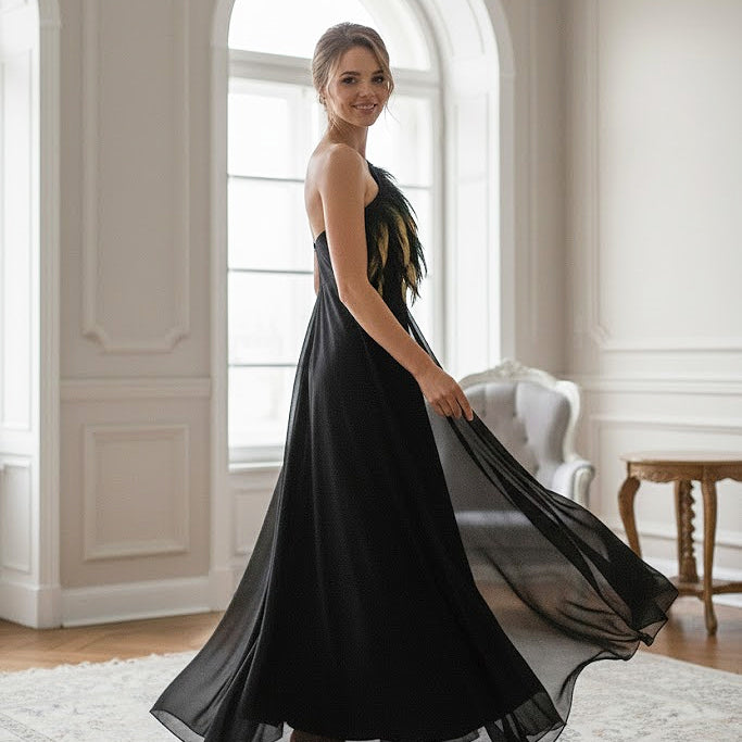 Elegant Black Long Dress with Painted Feather Neckline by T.ba Elegant Black Long Dress with Painted Feather Neckline by T.ba