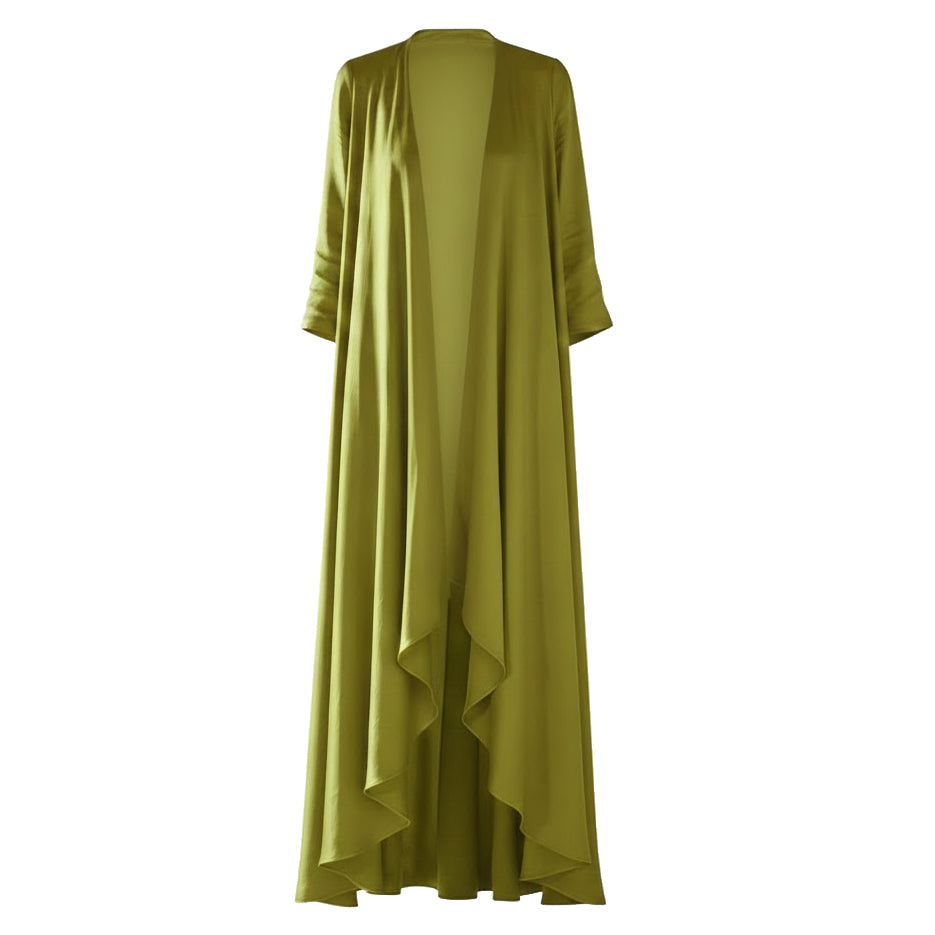 Mid-calf length leaf green trench-style duster jacket with a clean hem and back vent