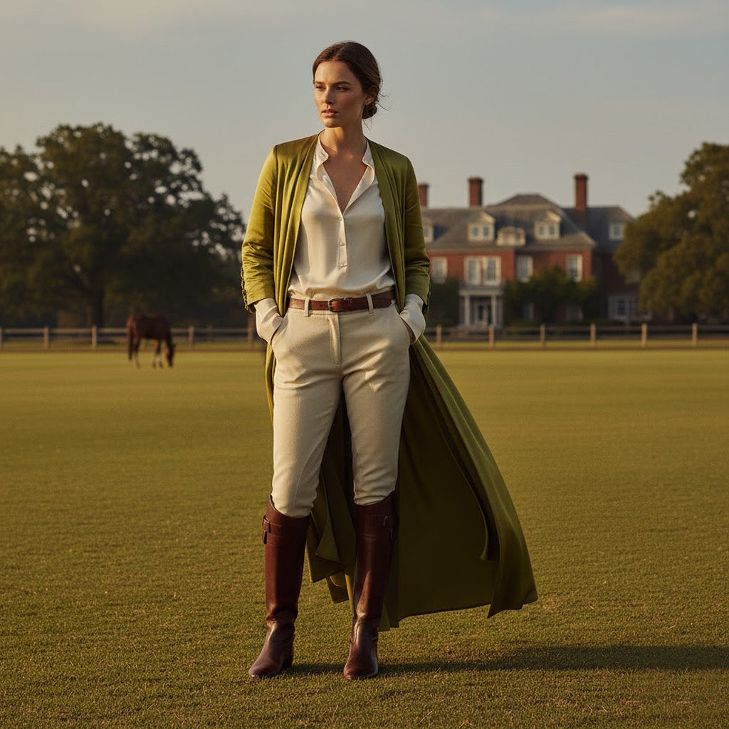 Woman wearing a luxury oversized green linen coat looking down at an angle, editorial fashion photography with soft natural lighting
