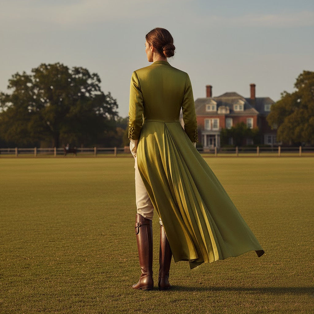 Woman in a long green coat standing on a grassy field with a house in the background