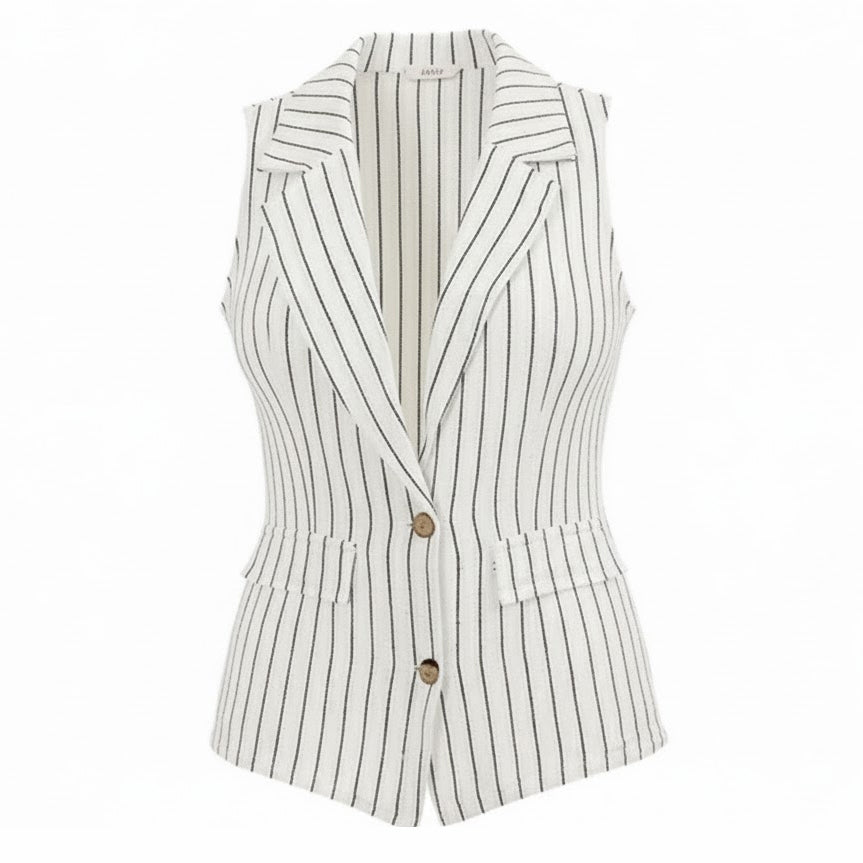 100 percent White linen vest with navy pin striping made in Italy and designed in France