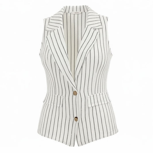 100 percent White linen vest with navy pin striping made in Italy and designed in France