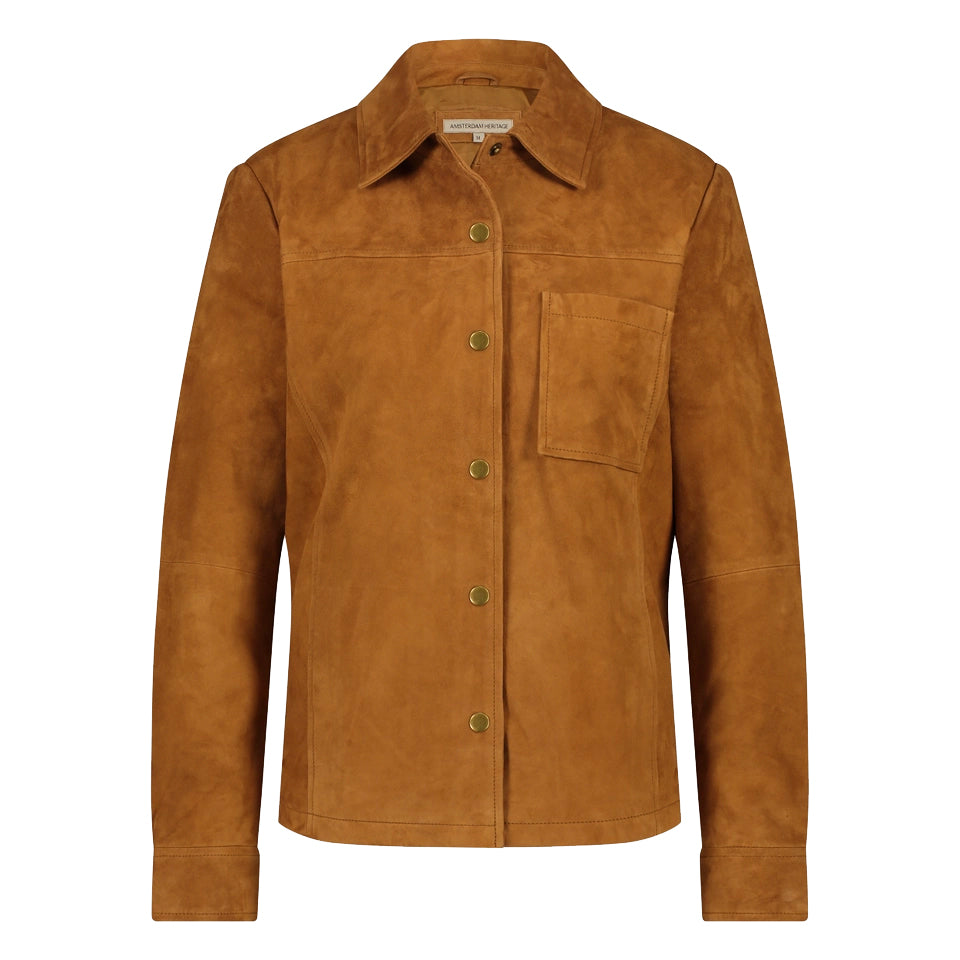 WOMENS DAKOTA DESIGN SUEDE LEATHER SHIRT JACKET IN COGNAC BY AMSTERDAM HERITAGE