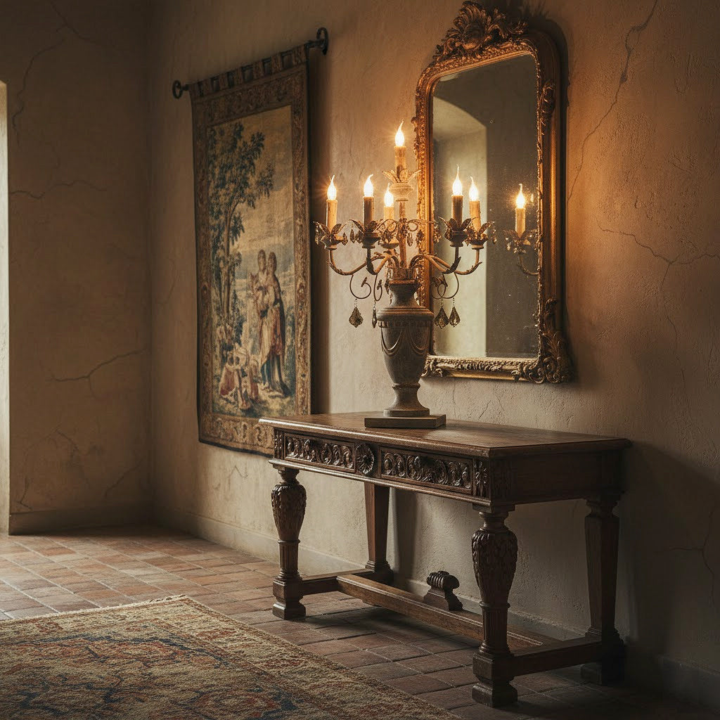 Provence Home Hand carved antique reproduction o fa 5-light Candelabra Table Lamp in the manner of a Classical Urn with a Distressed Finish shown in elegant Old World style foyer.