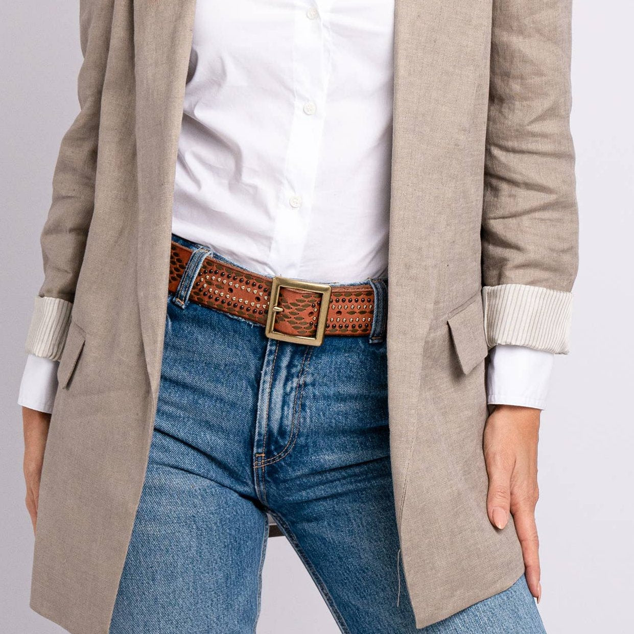 COGNAC STUDDED LEATHER BELT - DAYA STYLE BY AMSTERDAM HERITAGE