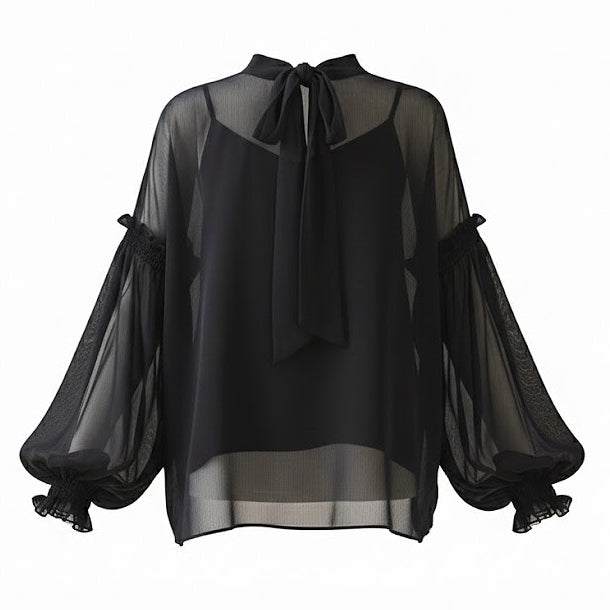 Rear view of a black sheer high-neck blouse featuring a keyhole back detail and voluminous puff sleeves.