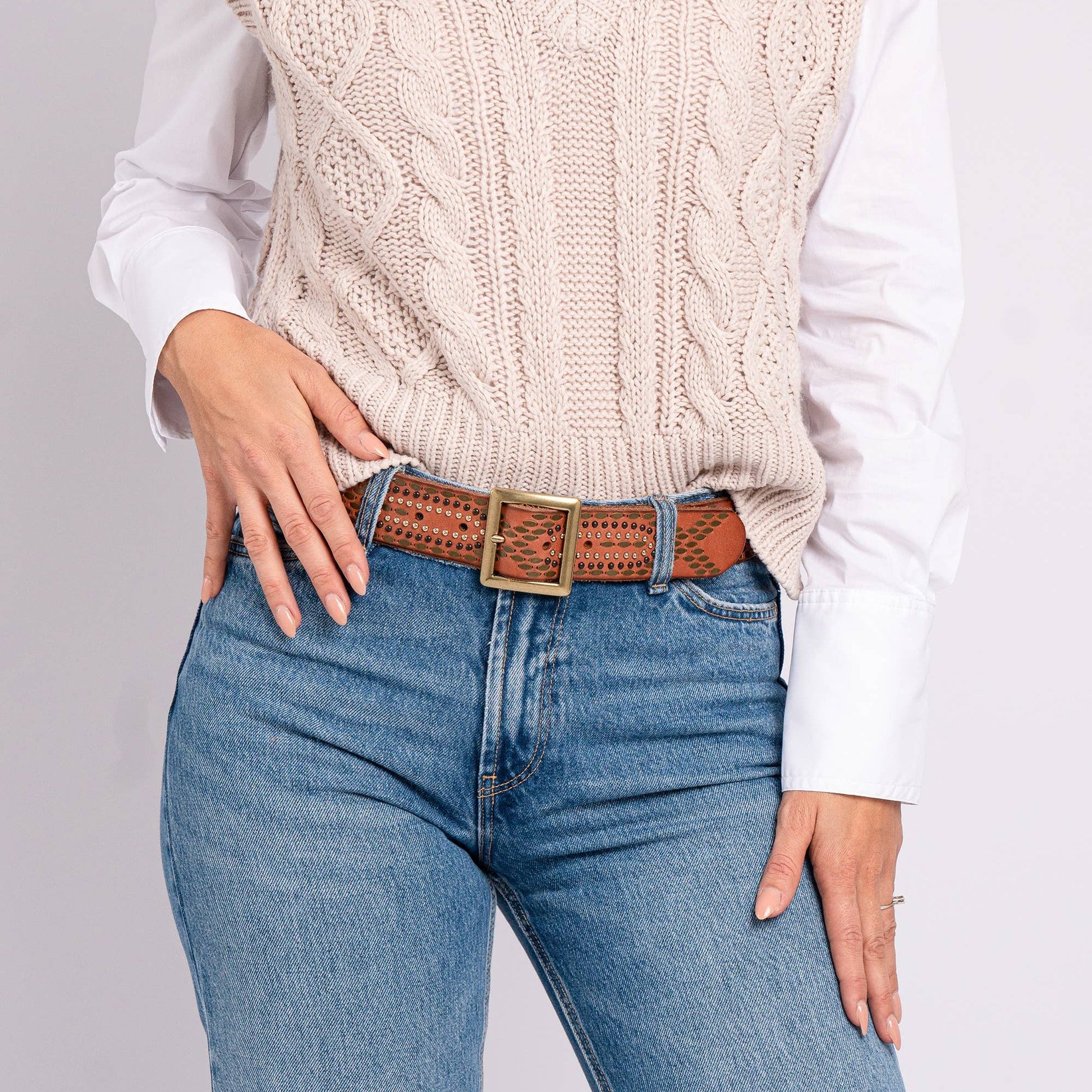 COGNAC STUDDED LEATHER BELT - DAYA STYLE BY AMSTERDAM HERITAGE