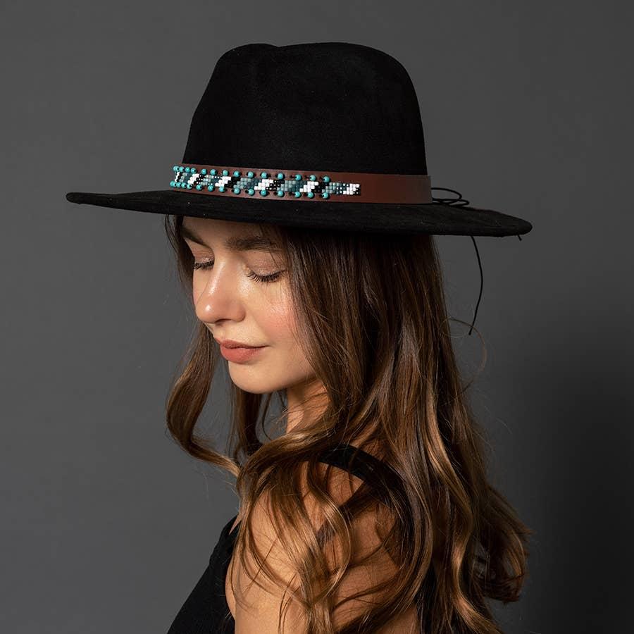 Black Faux Suede Boho Fedora with Turquoise Beaded Band
