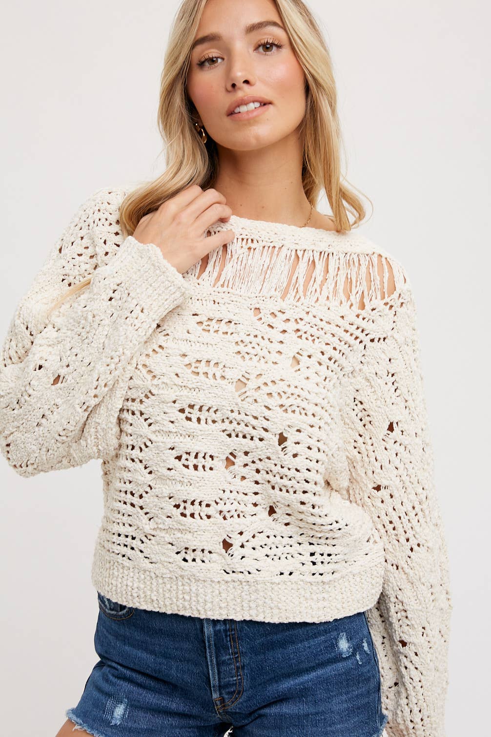 BOAT NECK OPEN KNIT SWEATER PULLOVER IN NATURAL COLOR at a cute boutique in Northern Virginia